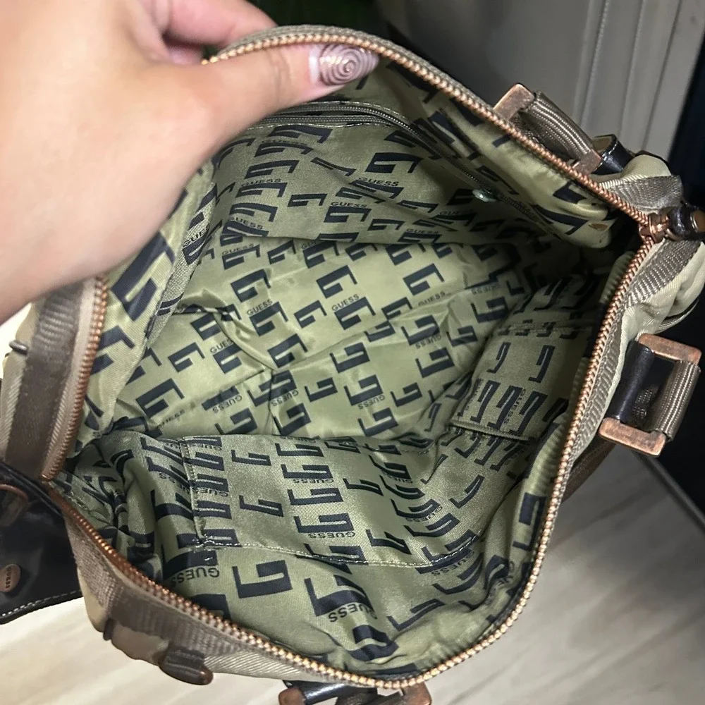 Rare Vintage Y2K Guess Canvas Handbag Beige/Tan Multi-Pocket Utility Cargo Purse
